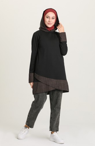 Ekose Desen Kapüşonlu Sweatshirt Tunik 3323-01 Siyah