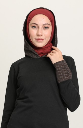 Ekose Desen Kapüşonlu Sweatshirt Tunik 3323-01 Siyah