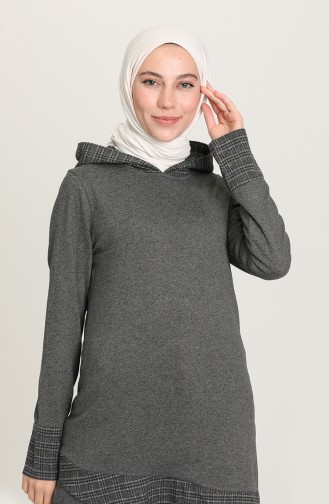 Ekose Desen Kapüşonlu Sweatshirt Tunik 3323-04 Füme