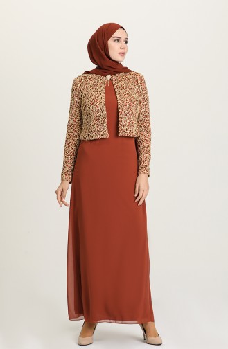 Brick Red Hijab Evening Dress 2943-05