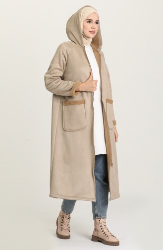 Kapüşonlu İçi Kürklü Polar Kaban 6897-01 Bej