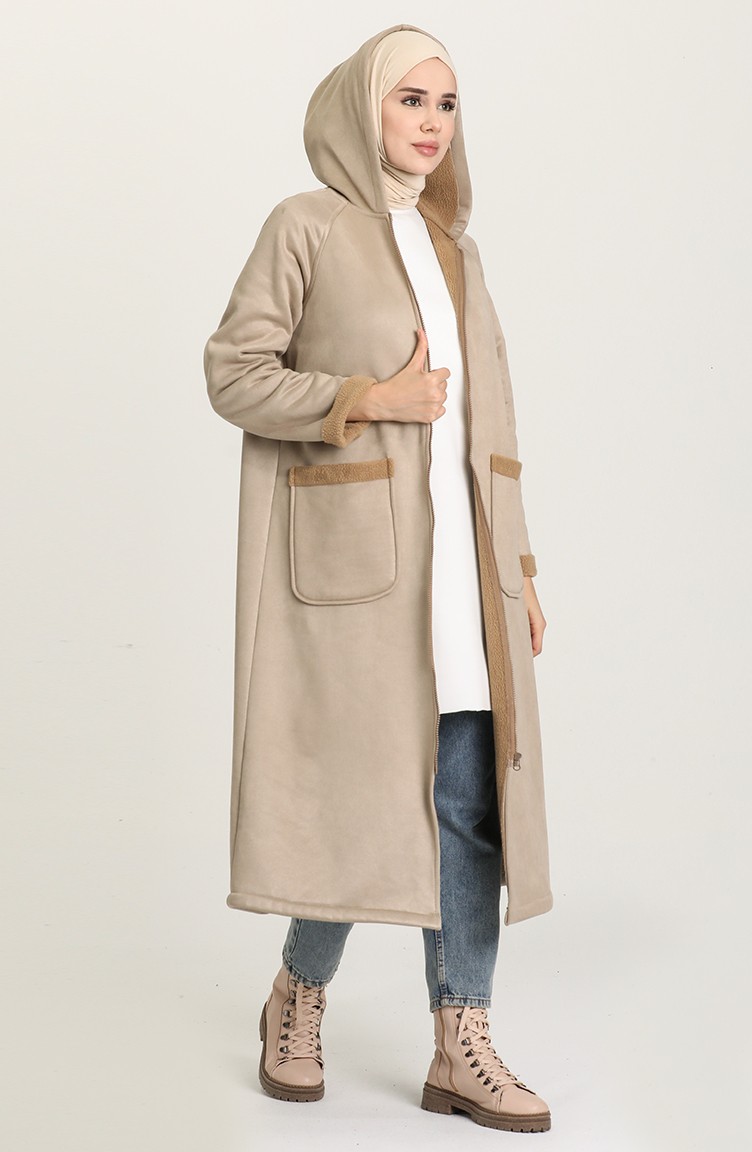 Kapüşonlu İçi Kürklü Polar Kaban 6897-01 Bej