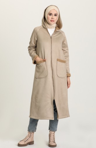 Kapüşonlu İçi Kürklü Polar Kaban 6897-01 Bej