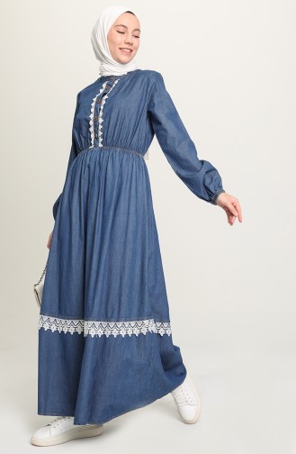 Düğmeli Kot Elbise 1815-02 Lacivert