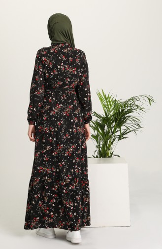 Çiçek Desenli Viskon Elbise 5068-01 Siyah