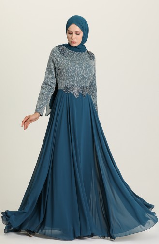 Petrol Hijab Evening Dress 1012-02