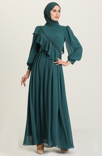 Petrol Hijab Evening Dress 4907-03