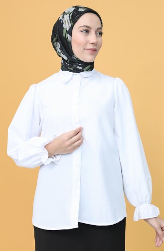 Kolları Büzgülü Kısa Gömlek 22K8466-01 Beyaz