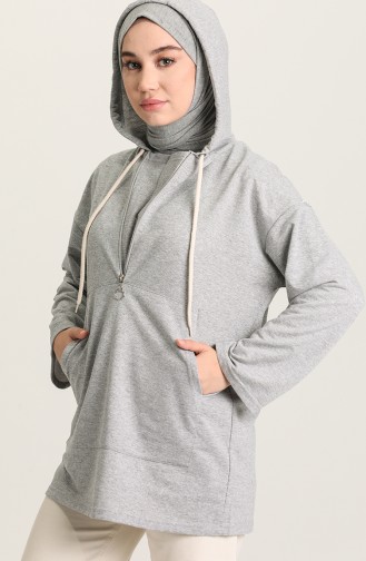 Kapüşonlu Fermuarlı Sweatshirt 3328-05 Gri