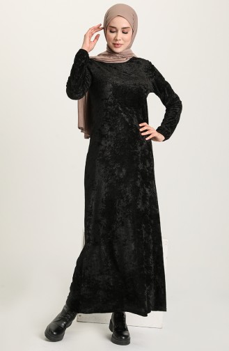 Kolu Lastikli Kadife Elbise 8902-01 Siyah