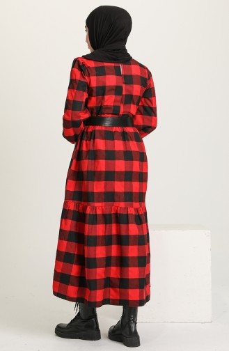 Kareli Kemerli Elbise 4000-02 Kırmızı