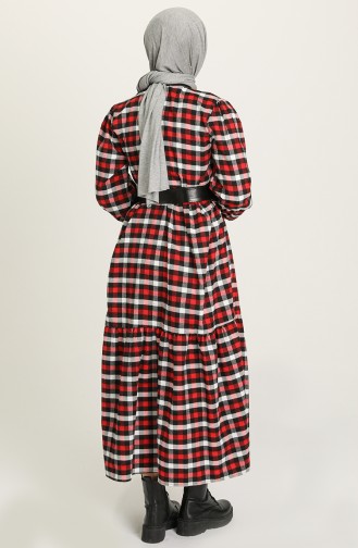 Ekose Desenli Kemerli Elbise 4001-03 Kırmızı Beyaz