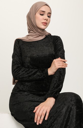 Kolu Lastikli Kadife Elbise 8902-01 Siyah