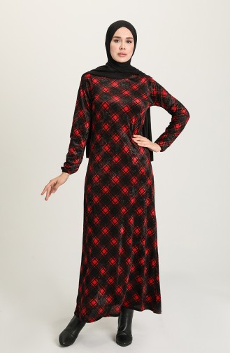 Desenli Kadife Elbise 8901-02 Siyah Kırmızı