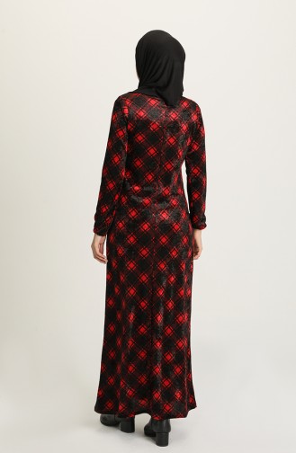 Desenli Kadife Elbise 8901-02 Siyah Kırmızı