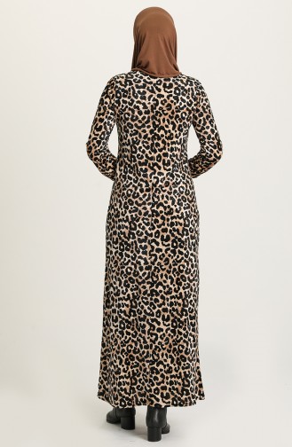 Leopar Desenli Kadife Elbise 8903-01 Siyah Kahverengi