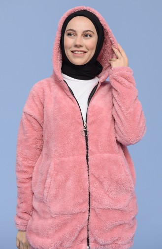 Peluş Kanguru Cep Fermuarlı Hoodie 7056-04 Pembe