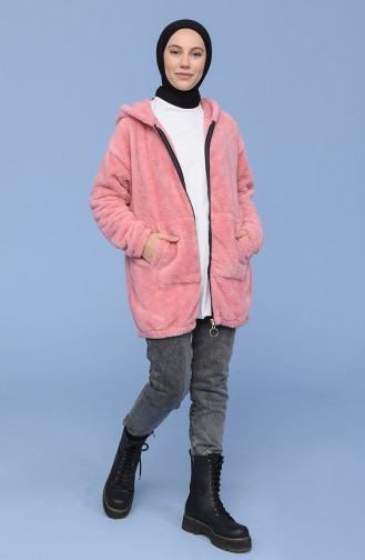 Peluş Kanguru Cep Fermuarlı Hoodie 7056-04 Pembe