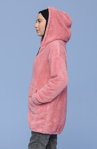 Peluş Kanguru Cep Fermuarlı Hoodie 7056-04 Pembe