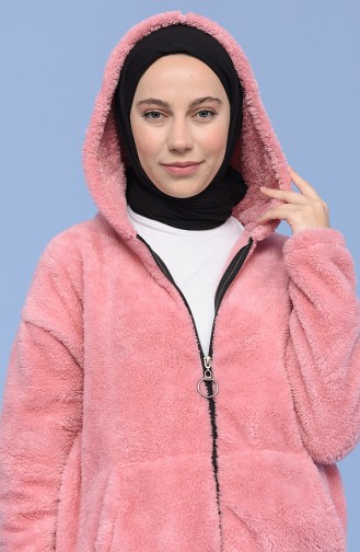 Peluş Kanguru Cep Fermuarlı Hoodie 7056-04 Pembe