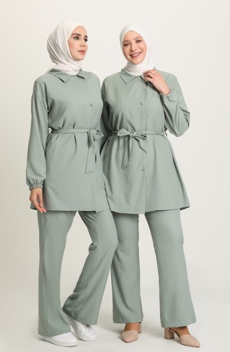 Düğmeli Tunik Pantolon İkili Takım 50005-06 Çağla Yeşili