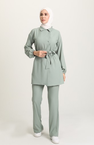 Düğmeli Tunik Pantolon İkili Takım 50005-06 Çağla Yeşili