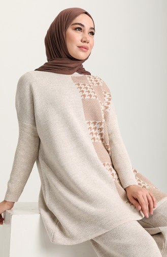 Triko Kazayağı Desenli Tunik Pantolon İkili Takım 4382-02 Bej