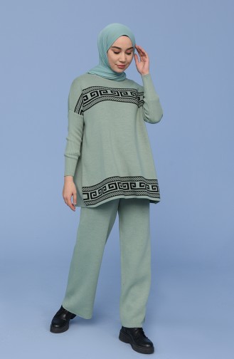 Triko Desenli Tunik Pantolon İkili Takım 4383-01 Çağla Yeşili
