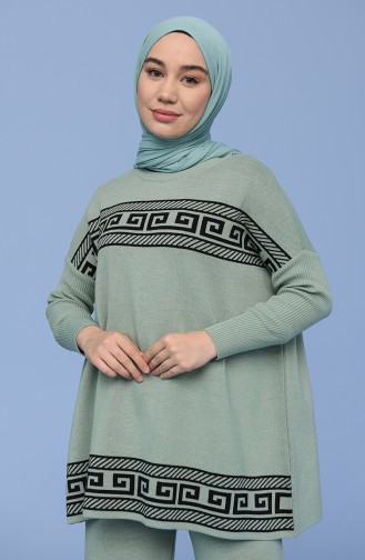 Triko Desenli Tunik Pantolon İkili Takım 4383-01 Çağla Yeşili