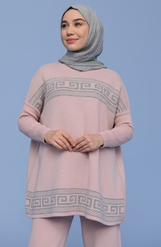 Triko Desenli Tunik Pantolon İkili Takım 4383-03 Pudra