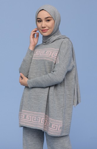 Triko Desenli Tunik Pantolon İkili Takım 4383-04 Gri