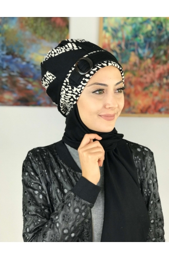 Tokalı Atkılı Bere 27AB12EKM-01 Siyah Beyaz