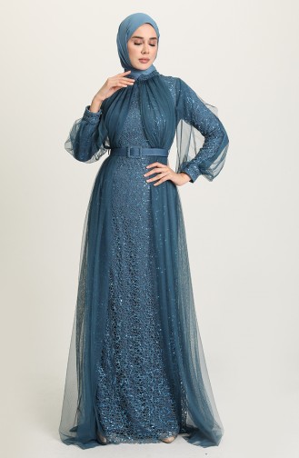 Petrol Blue Hijab Evening Dress 5441-07