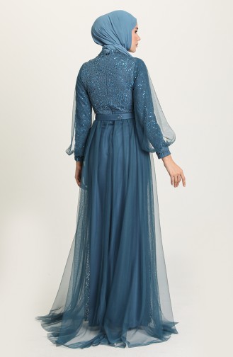Petrol Blue Hijab Evening Dress 5441-07