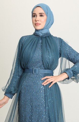 Petrol Blue Hijab Evening Dress 5441-07