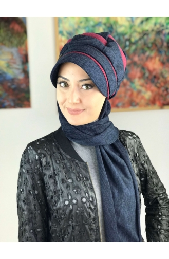 Çarkıfelek Model Tokalı Atkılı Şapka Türban 26AŞ12EKM-01 Lacivert Vişne