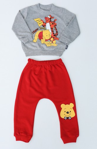 Baskılı Çocuk Pijama Takım 3001-01 Gri Kırmızı