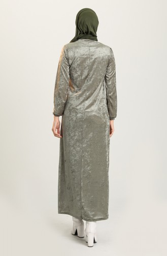 Kolu Lastikli Kadife Elbise 8902-06 Açık Haki Yeşil
