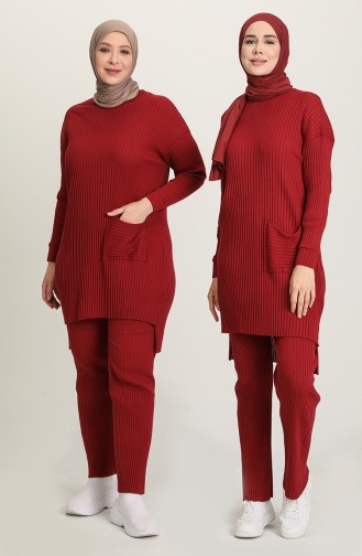 Asimetrik Cepli Tunik Pantolon İkili Takım 7731-11 Koyu Bordo