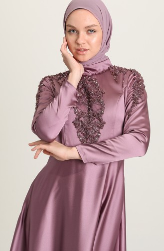 Omuzu Ve Önü Aplikeli Saten Tesettür Abiye Elbise 4902-02 Lila