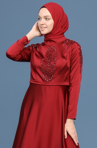 Claret Red Hijab Evening Dress 4902-07