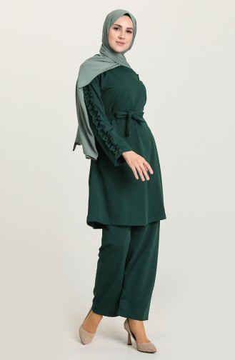 Kolu Fırfırlı Büyük Beden Tunik Pantolon Takım 2656A-09 Zümrüt Yeşili
