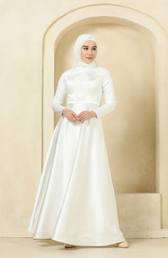Ecru Hijab Evening Dress 4902-06