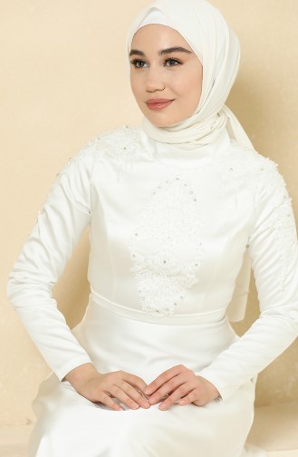 Ecru Hijab Evening Dress 4902-06