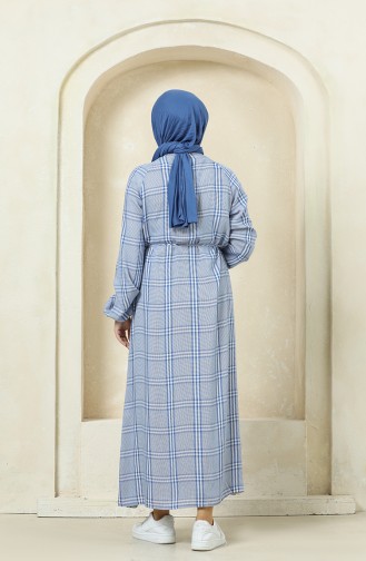 Ekose Desen Elbise 1058-01 Mavi Beyaz