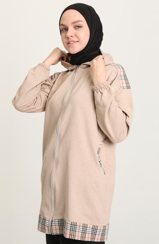 Kapüşonlu Ekose Garnili Sweat 7366-03 Camel