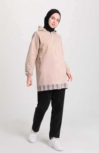 Kapüşonlu Ekose Garnili Sweat 7366-03 Camel