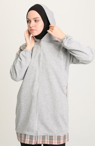 Kapüşonlu Ekose Garnili Sweat 7366-04 Gri