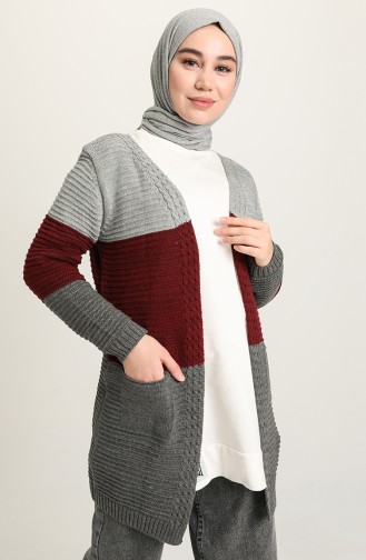 Triko Kuşaklı Hırka 055524-03 Gri Bordo