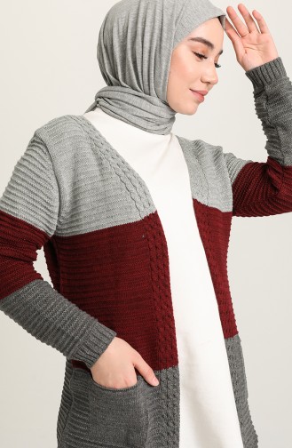 Triko Kuşaklı Hırka 055524-03 Gri Bordo